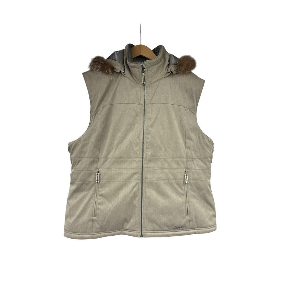 Cabelas Primaloft Zip Vest Winter Warm‎ Layer Raccoon Fur Hood Womens Size 2XL